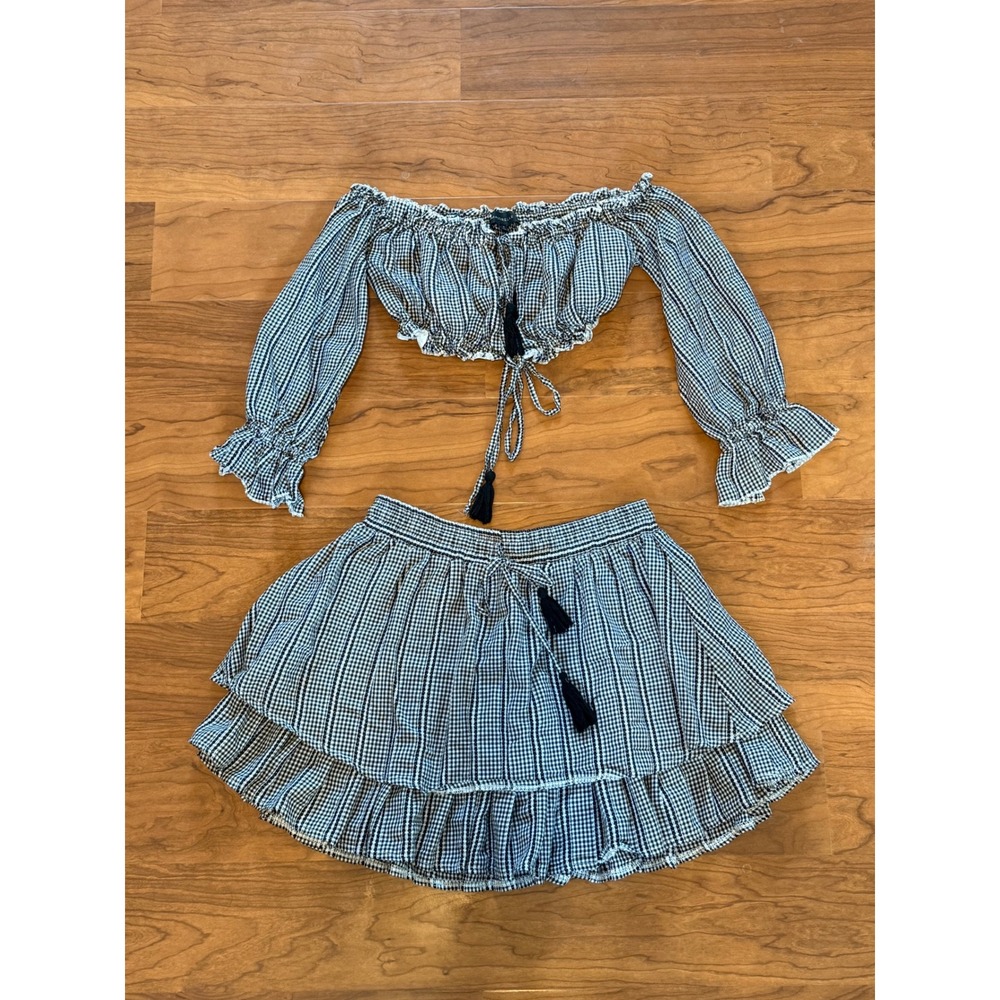 Majorelle X Revolve Gingham Matching Set Black White Crop Top Ruffle Skirt XS S